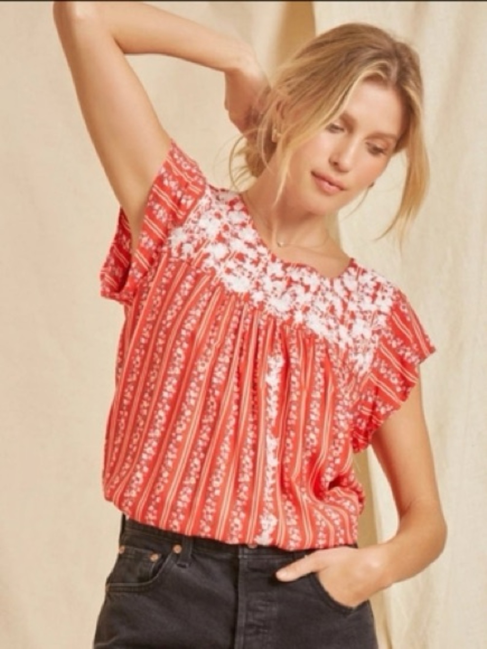 Savanna Jane Coral Red Floral Embroidered Short Sleeve Top
